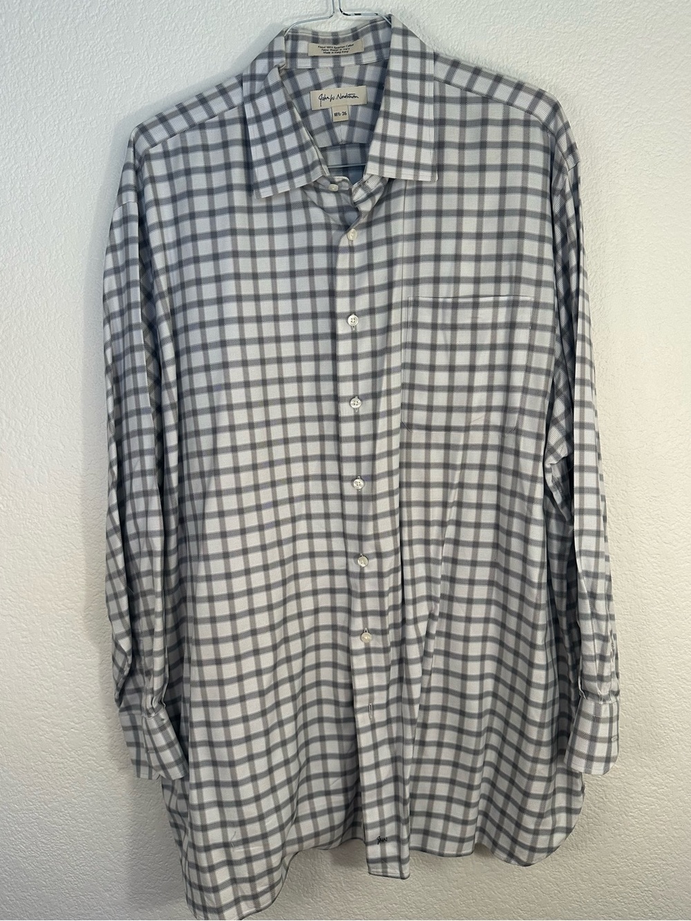 John W. Nordstrom Dress Shirt Men’s 18.5 36 Gray White Check Egyptian Cotton
